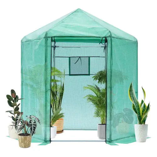 Walk-in Greenhouse Hexagonal Upgrade Reinforced Frame Heavy Duty Plastic Greenhouse Reinforced Thickened Waterproof Insulation 6.9x7.5 Ft