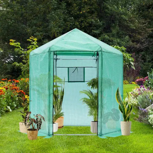 Walk-in Greenhouse Hexagonal Upgrade Reinforced Frame Heavy Duty Plastic Greenhouse Reinforced Thickened Waterproof Insulation 6.9x7.5 Ft